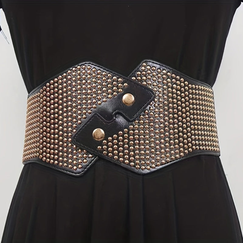 Rivet Decor Cross Belt Elastic PU Leather Wide Belt for Women