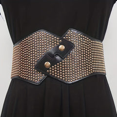 Rivet Decor Cross Belt Elastic PU Leather Wide Belt for Women