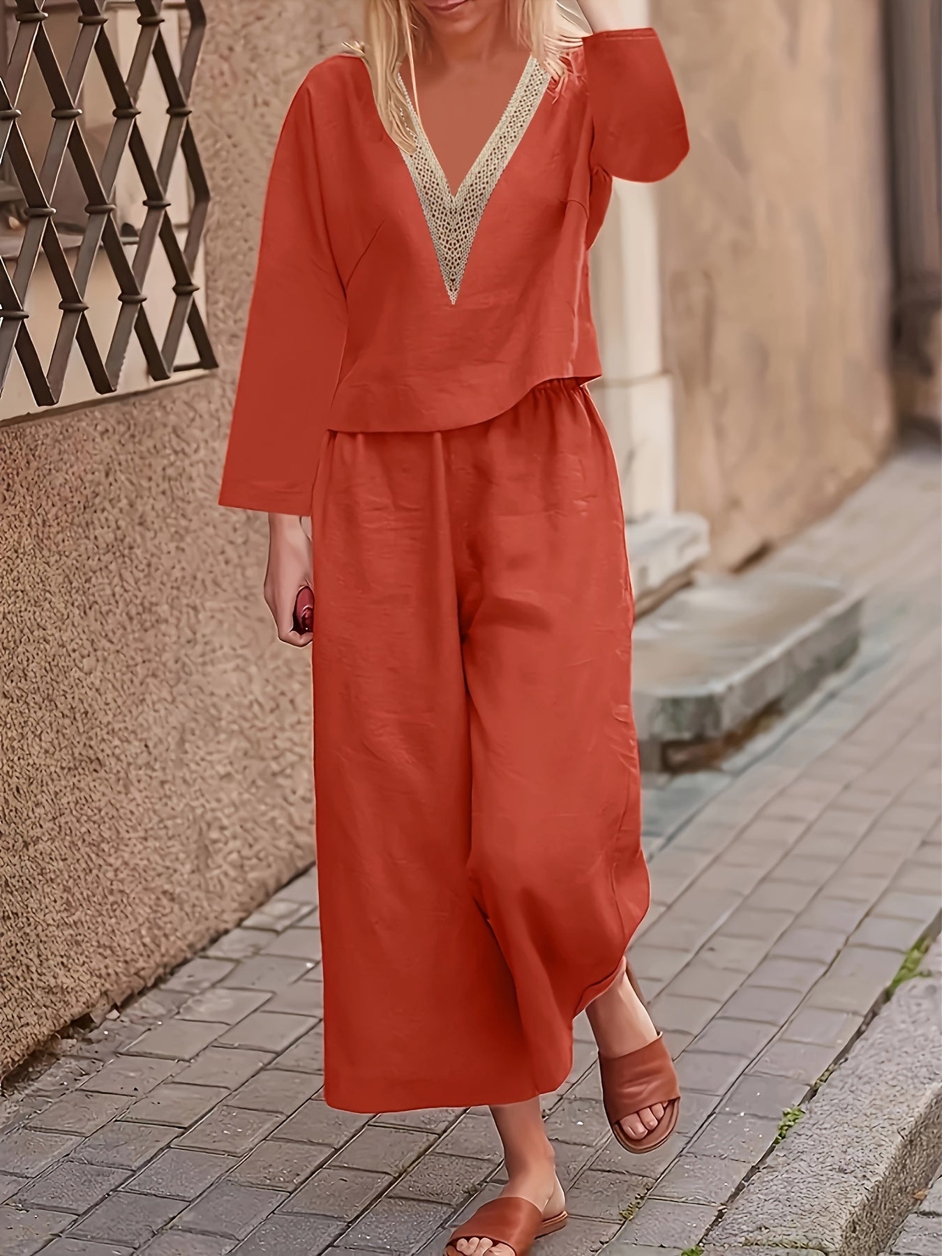 V Neck Lace Trim T shirt & Wide Leg Pants Set