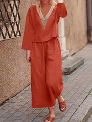 V Neck Lace Trim T shirt & Wide Leg Pants Set