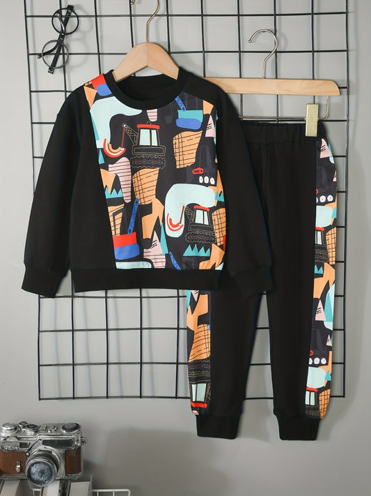 Boy's Excavator Pattern Outfit 2pcs Set for Spring Fall