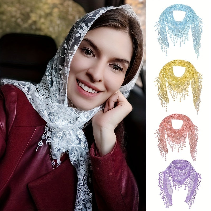 Lace Tassel Triangle Scarf Solid Flower Embroidery Shawl Mesh