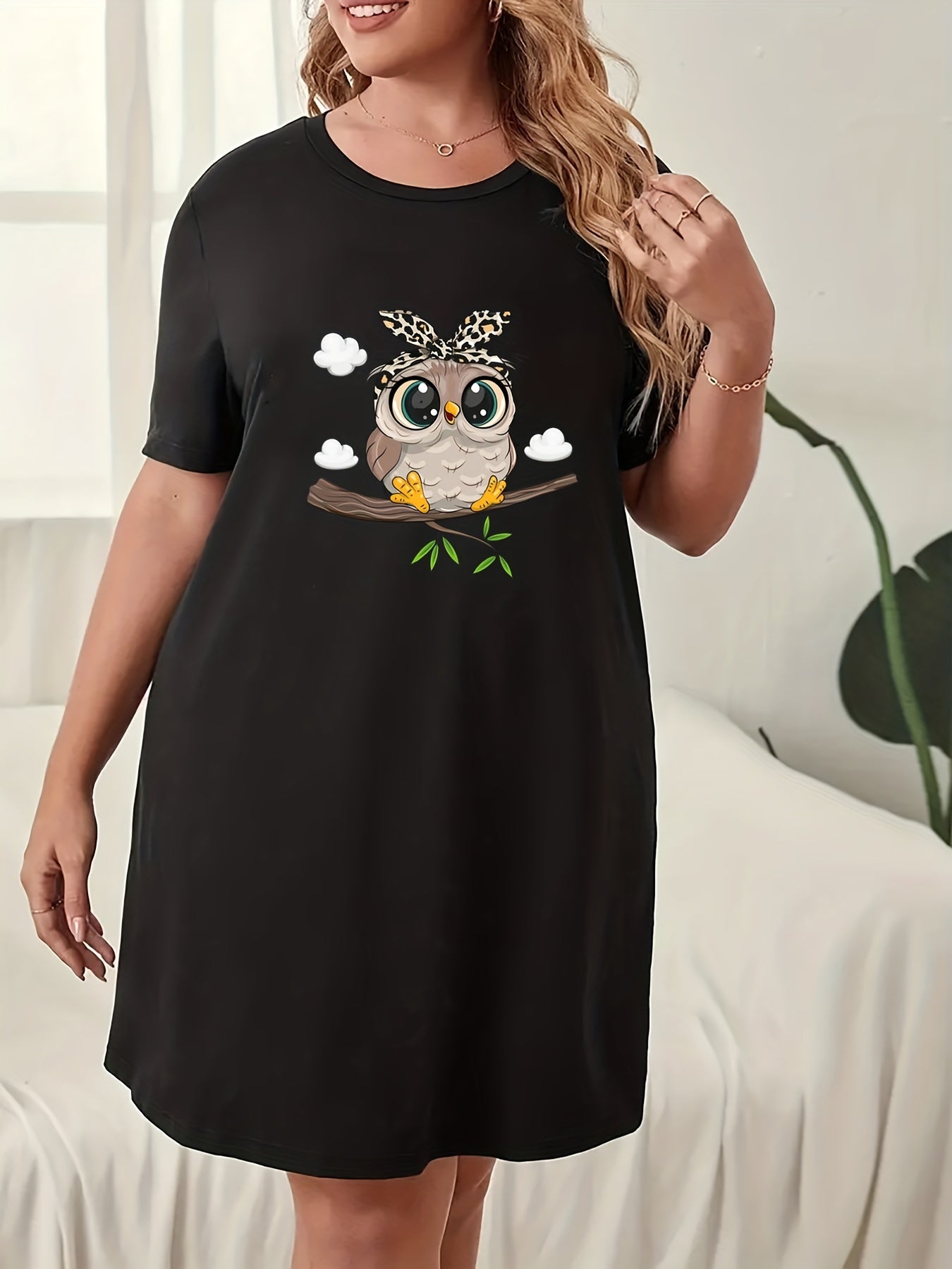  Owl Print Nightdress Short Sleeve Sleep Dress