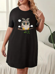  Owl Print Nightdress Short Sleeve Sleep Dress