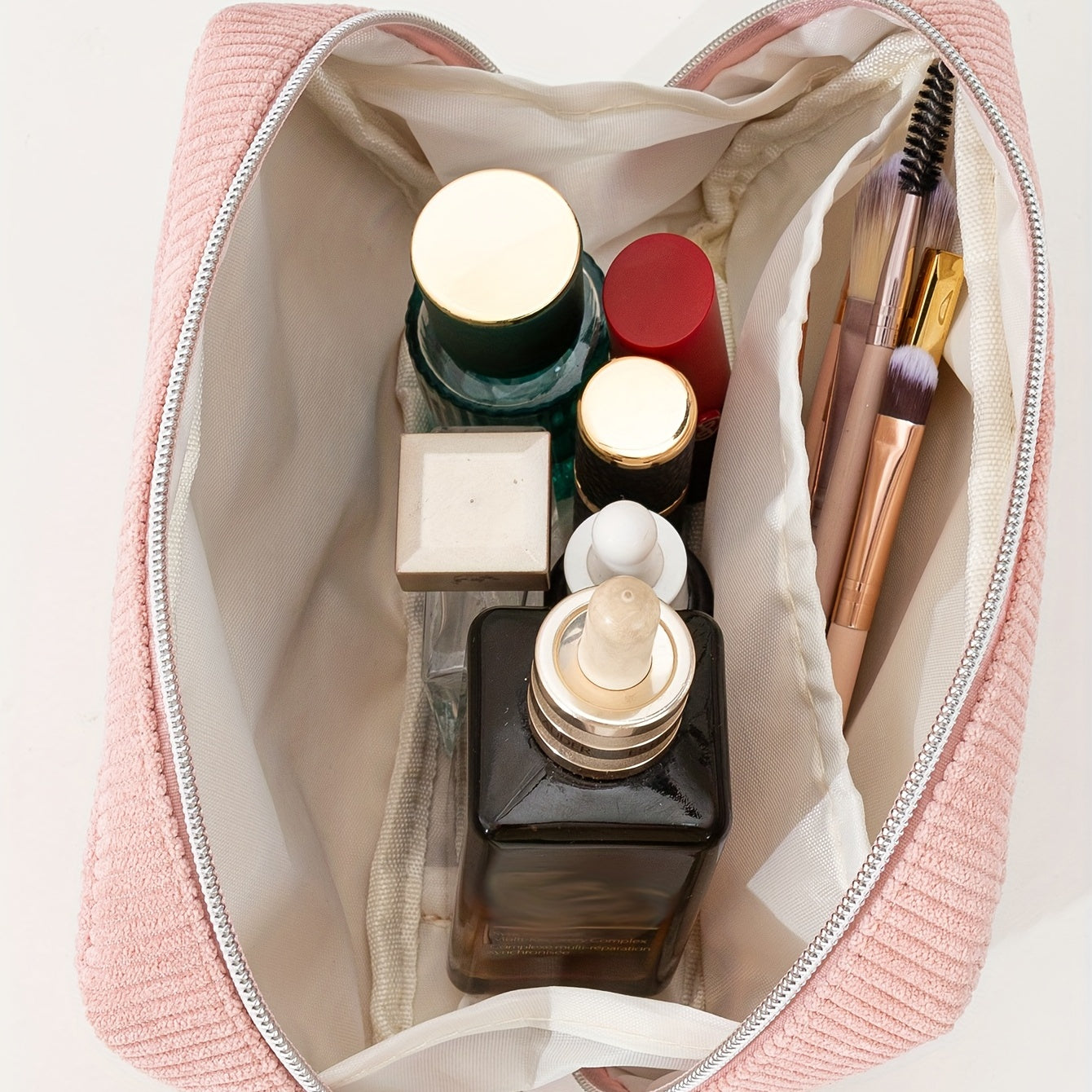 Pink Corduroy Makeup Bag with Silvery Zipper