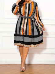 Women's Plus Colorblock Dot & Geometric Print Dress With Lantern Sleeves