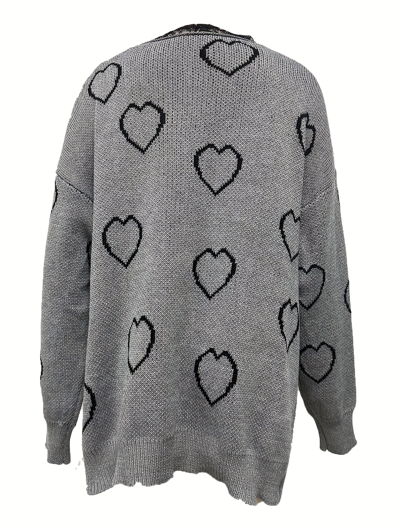 Heart Pattern Lace Long Sleeve V Neck Knit Sweater