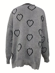  Heart Pattern Lace Long Sleeve V Neck Knit Sweater