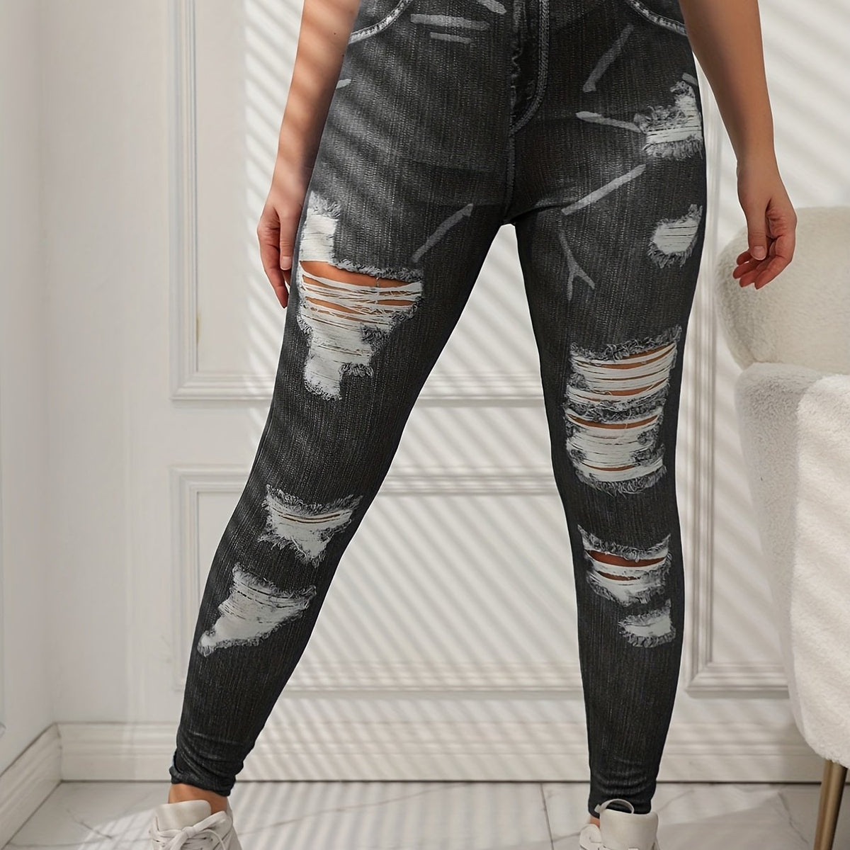 Denim Print Ripped Skinny Leggings Casual Stretchy Women's Clothing