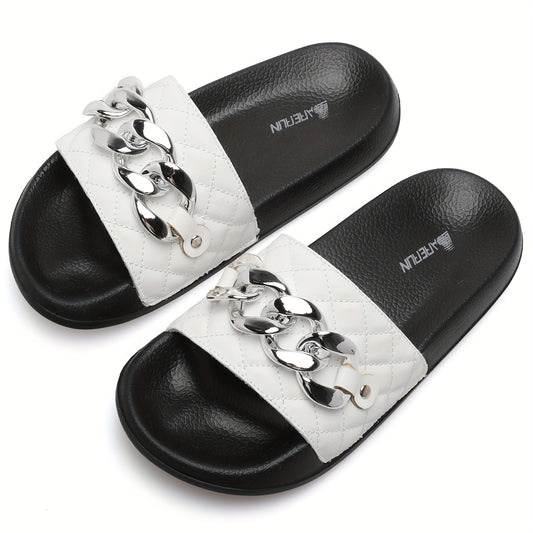 Women's Chain Decor Quilted Slide Shoes, Arch Support Sandals
