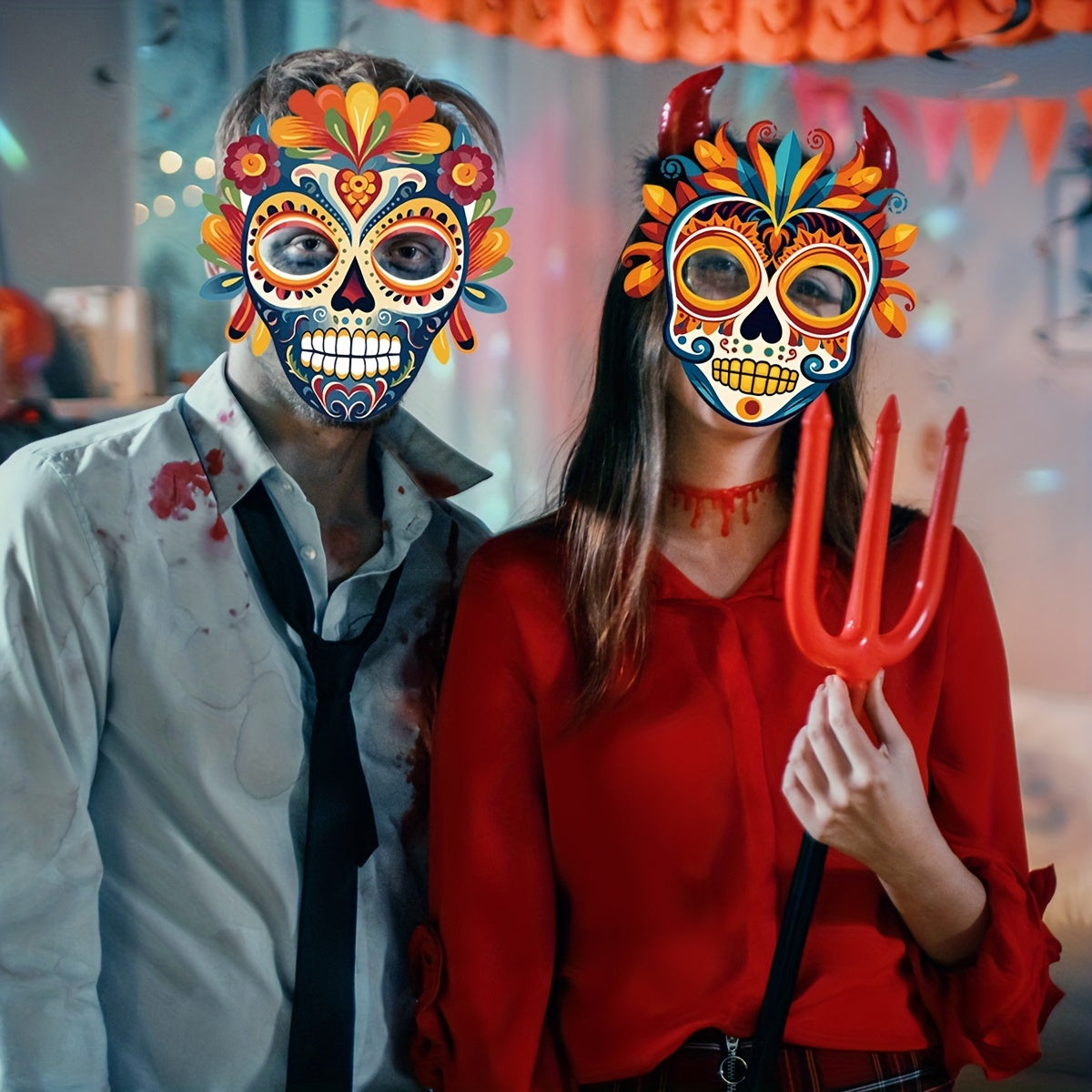 6pcs Mexican Style Masks Party Floral Design Skull Mask Accessories
