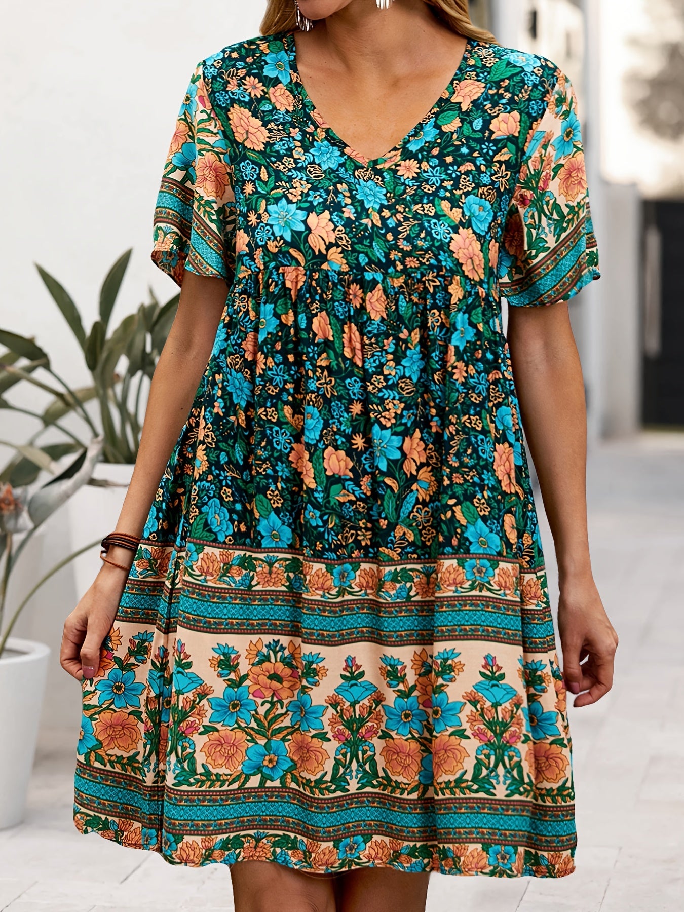 Floral Print V Neck Short Sleeve Dress for Summer