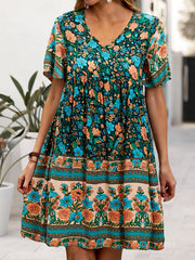 Floral Print V Neck Short Sleeve Dress for Summer