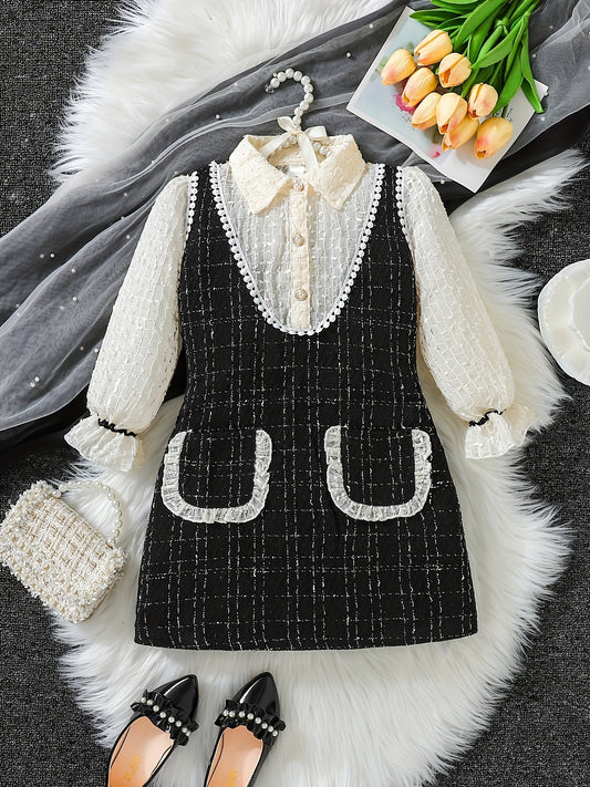Girls' Tweed Knit Stitching Collared Long Sleeve Dress