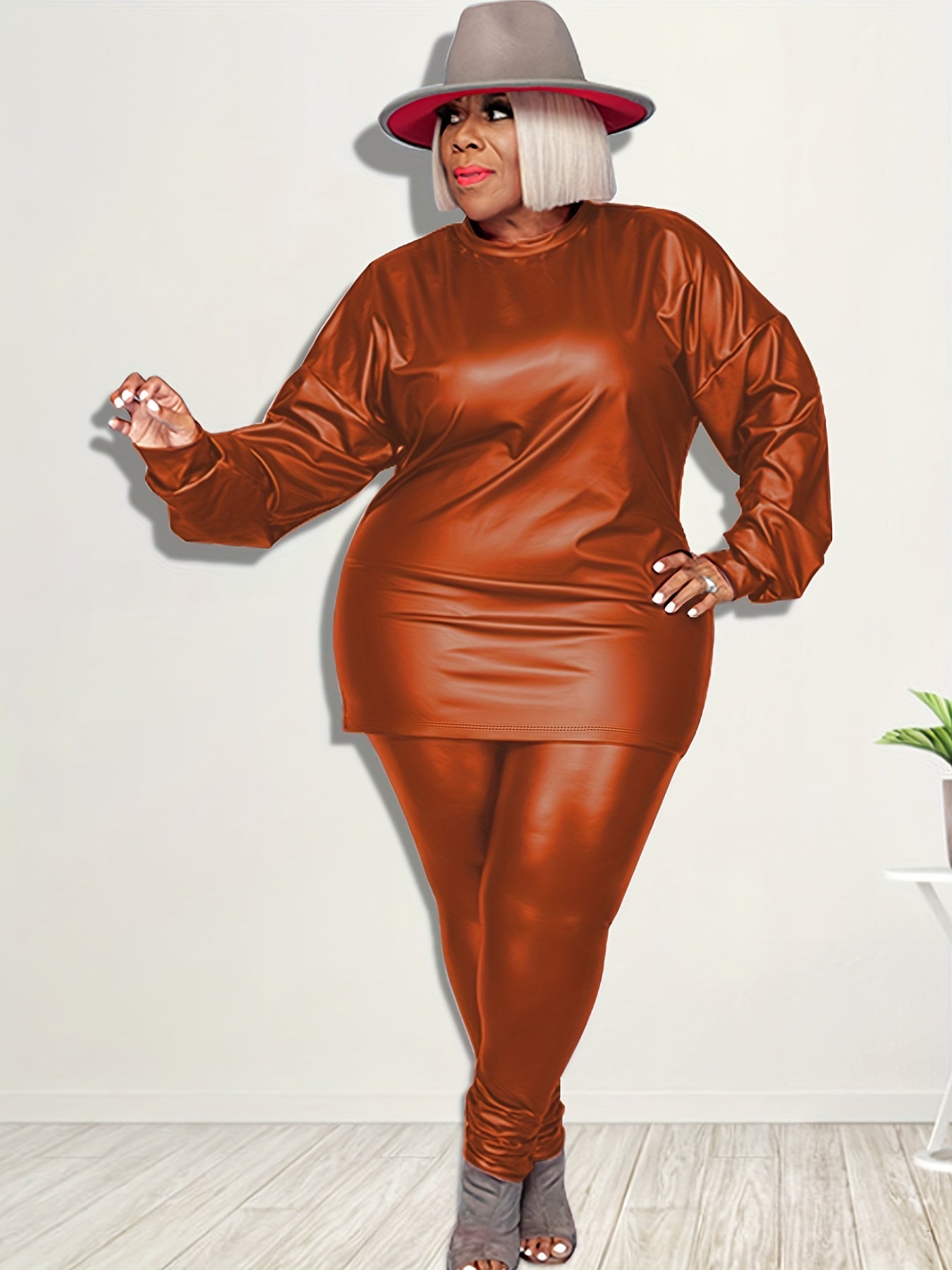 Women's Plus Faux Leather Long Sleeve Top & Pants Set