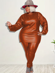 Women's Plus Faux Leather Long Sleeve Top & Pants Set