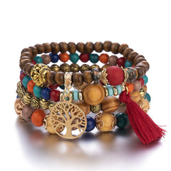 Boho Tree & Tassel Charm Beaded Bracelet Set