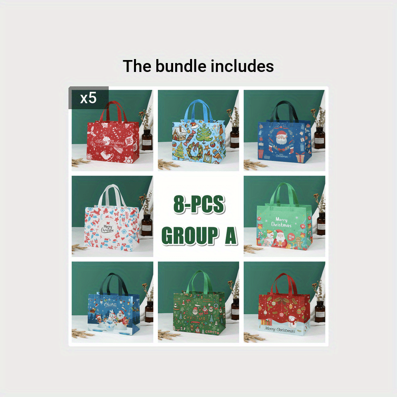 8pcs Christmas Gift Bags Reusable Grocery Bags Multifunctional Non Woven