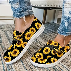 Women's Sunflower Print Canvas Slip-On Loafers Shoes