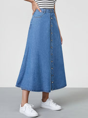 Button Denim Midi Skirt A Line Non Stretch Denim Skirt Women's Denim Clothing