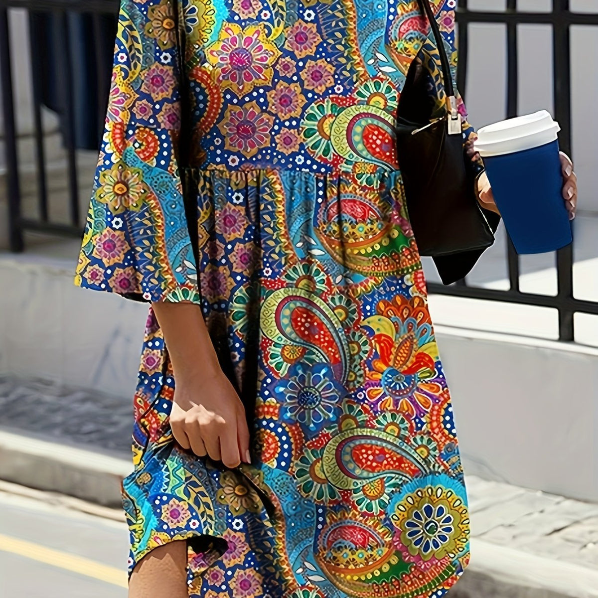 Boho Dress Women's Plus Paisley Print Three Quarter Sleeve