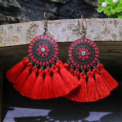Bohemian Style Fan Shaped Tassel Earrings with Rhinestones