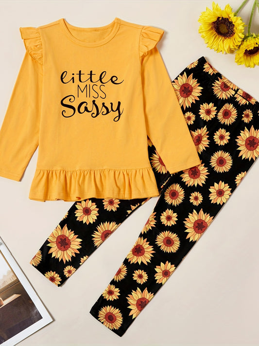 Girls Little Miss Print Top & Sunflower Print Pants Set Ruffle Round Neck 2pcs