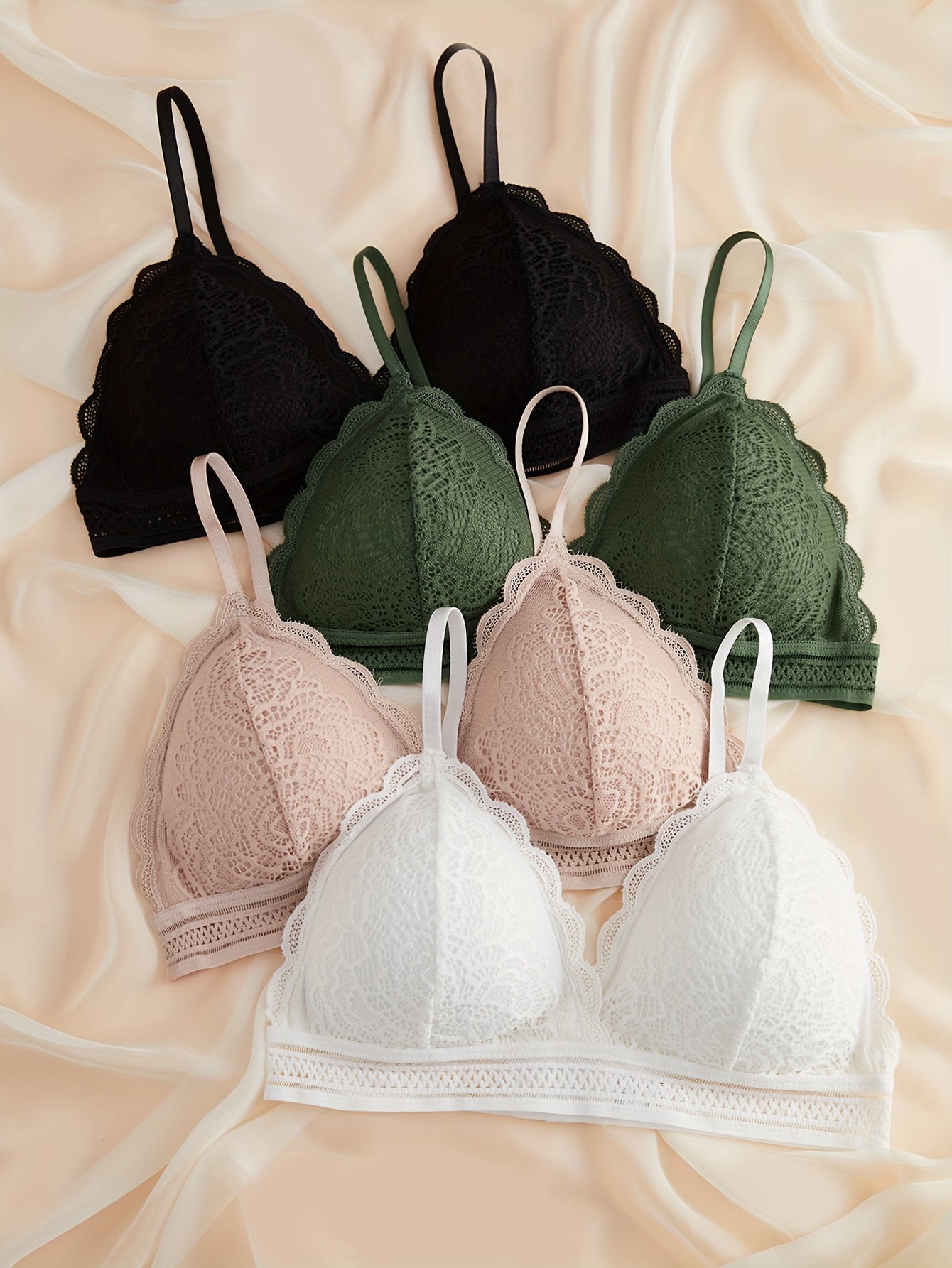 4pcs Lace Wireless Bras Scallop Trim Women's Lingerie
