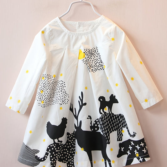 Girls' Farm Animal Cartoon Long Sleeve Cotton Dress