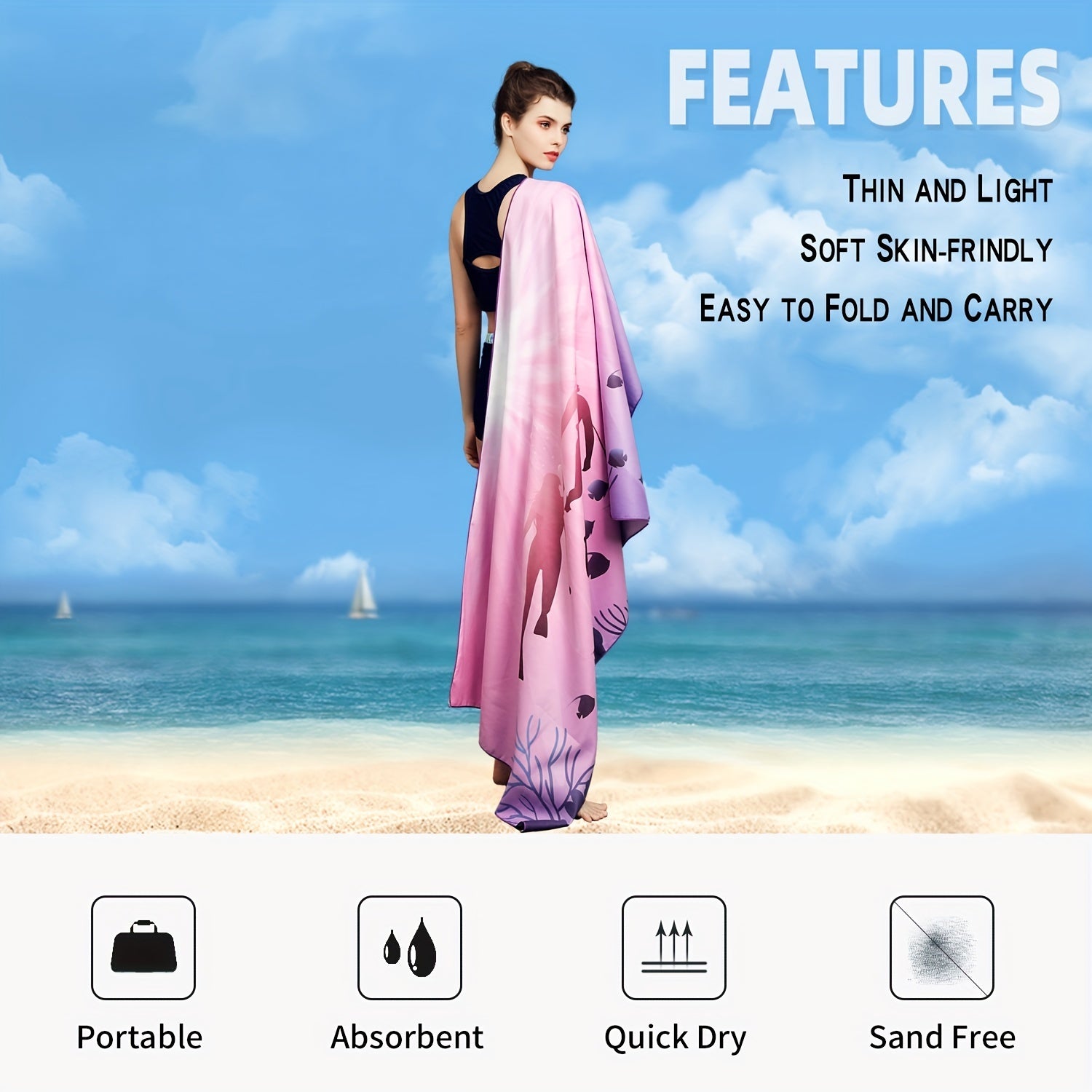 Turbo Microfiber Beach Towel Quick Drying Sand Proof Swim Towel