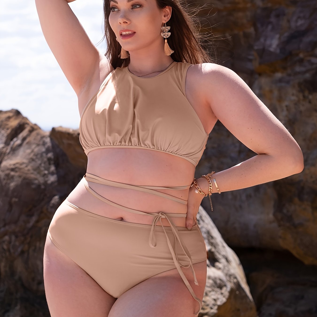 High Rise Backless Bikini Set Plus Solid Boho S