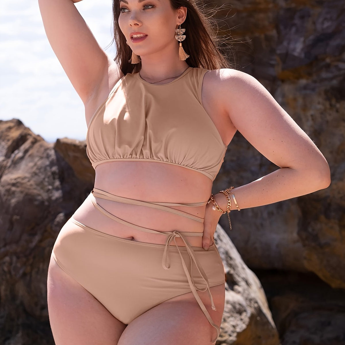 High Rise Backless Bikini Set Plus Solid Boho S
