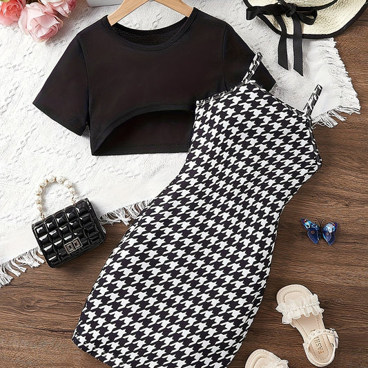 Girls Cropped T-shirt & Houndstooth Dress Set for Summer Party