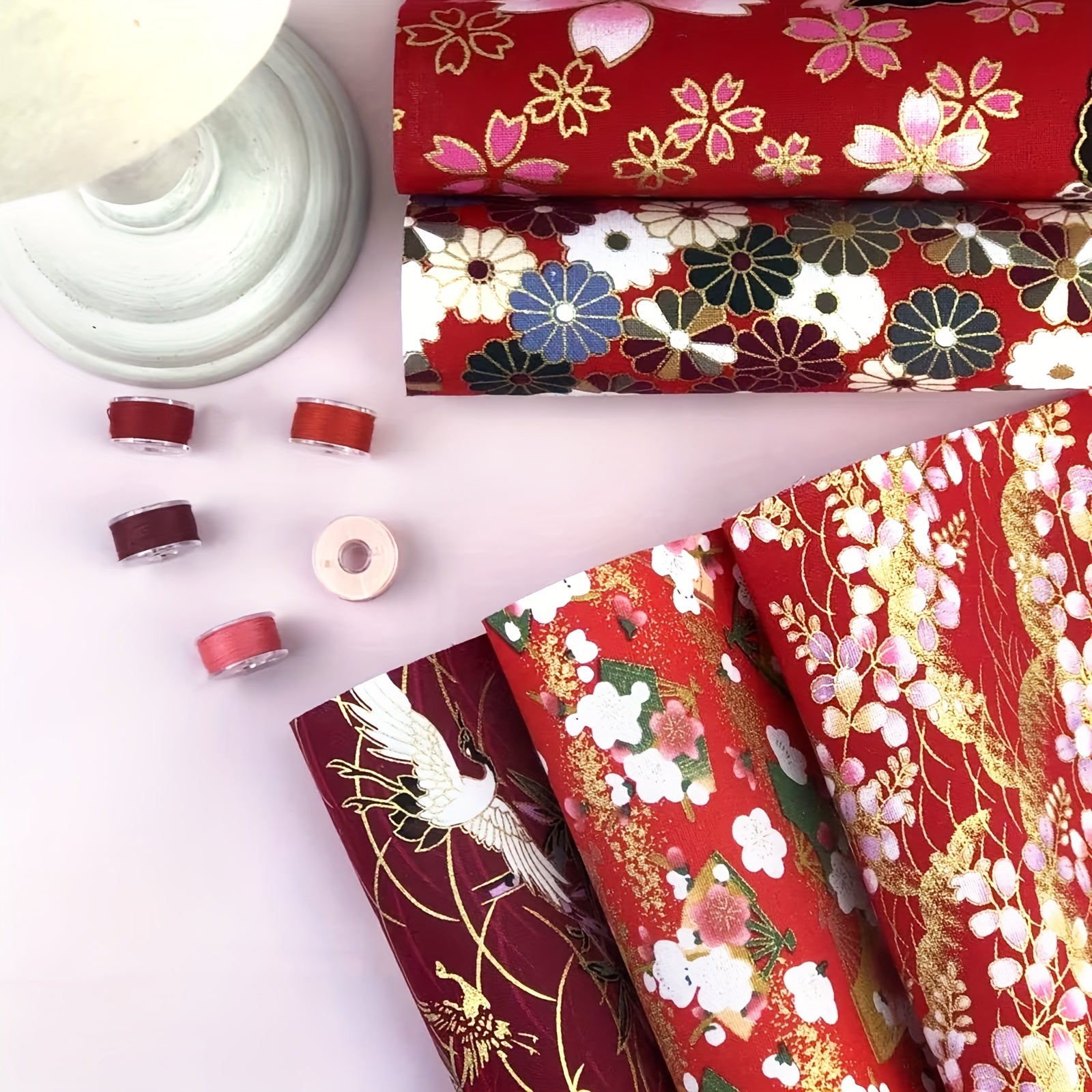 5pc Washi Bronzing Cotton Fabric Bundle, 5 Thread Bobbins, PreCut Fat Squares