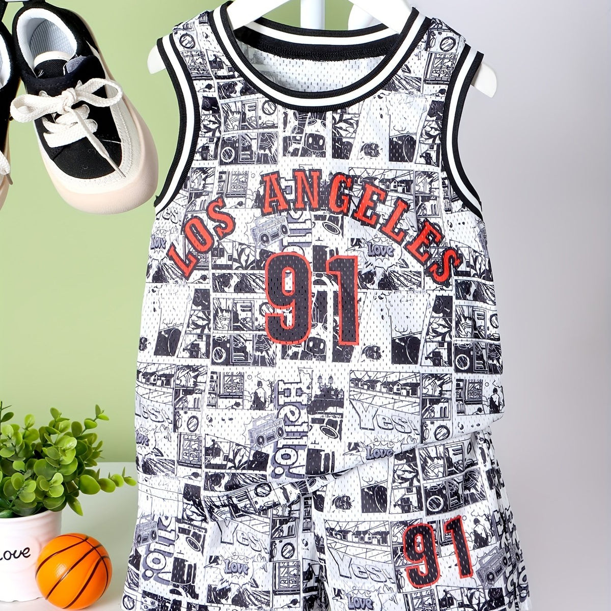 Boys Letter Print Vest & Sports Shorts LA Basketball Suit
