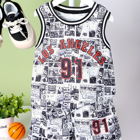 Boys Letter Print Vest & Sports Shorts LA Basketball Suit