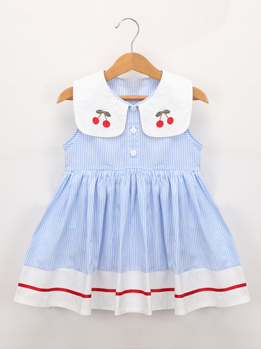 Toddler Girls Striped Sleeveless Dress with Cherry Decor