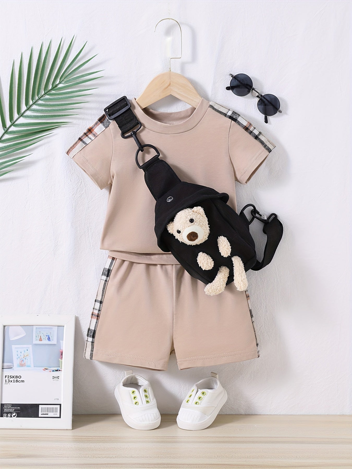 Toddler Boys Casual Outfit Set with T-shirt, Shorts, and Bear Bag