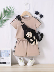 Toddler Boys Casual Outfit Set with T-shirt, Shorts, and Bear Bag