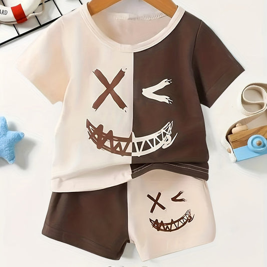 2pcs Boys Funny Face Block T shirt & Shorts Summer Clothes Sets