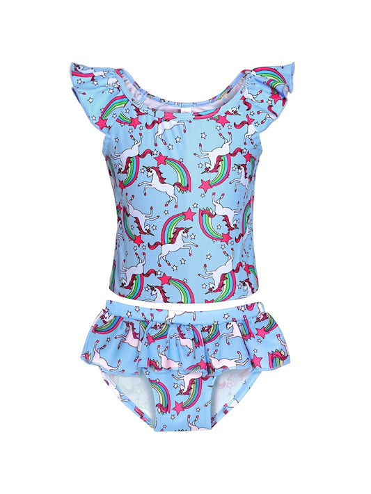 Girls Unicorn Bikini Tankini Swimsuit Ruffle Trim Top & Shorts Set