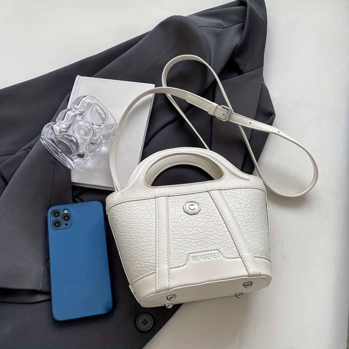 Small Satchel Crossbody Bucket Bag PU Leather Textured Bag Purse Classic