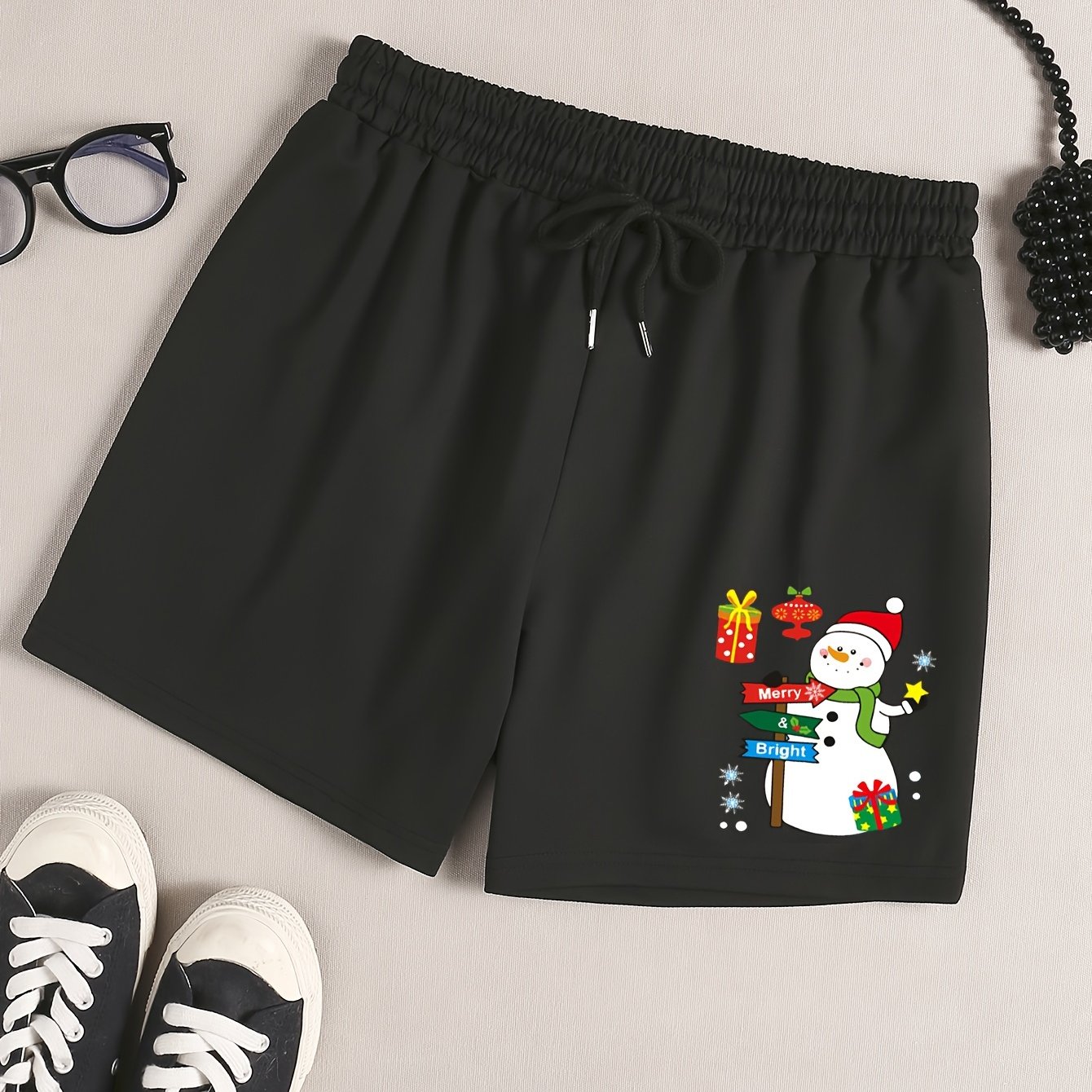 Women's Plus Snowman Print Drawstring Elastic Waist Shorts