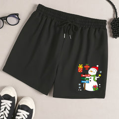 Women's Plus Snowman Print Drawstring Elastic Waist Shorts