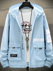 Stylish Letter Print Pattern Zip Up Hooded Jacket Men s Clothes