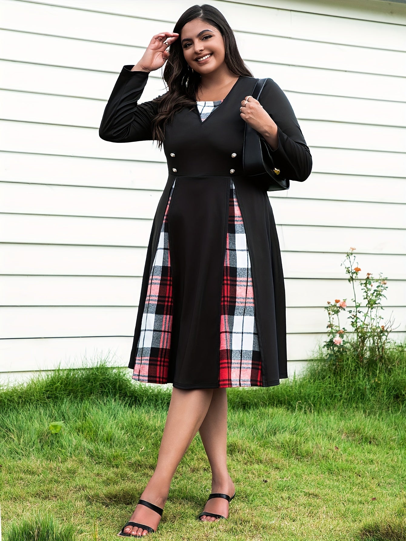  Plaid Print Button Decor Long Sleeve Dress