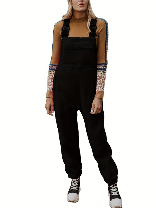 Solid Overall Jumpsuit Casual Buckle Sleeveless Warm Jumpsuit Women's Clothing