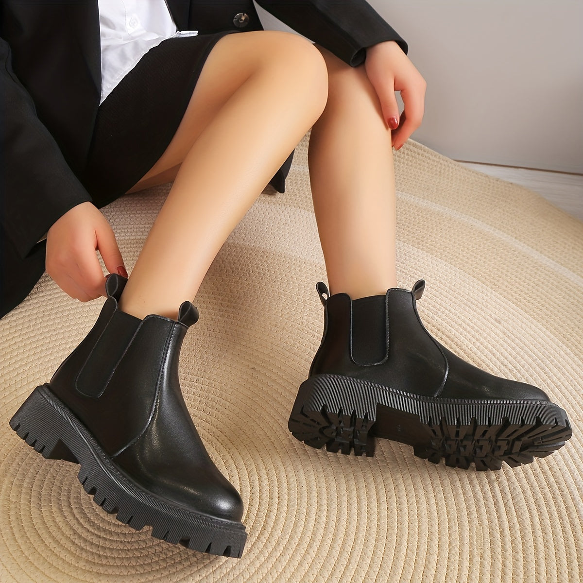 Women's Chunky Heel Platform Ankle Boots Slip On Round Toe Shoes