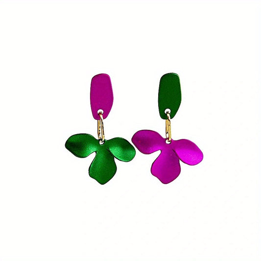 Green & Purple Flower Earrings Silver Needle Punk Style