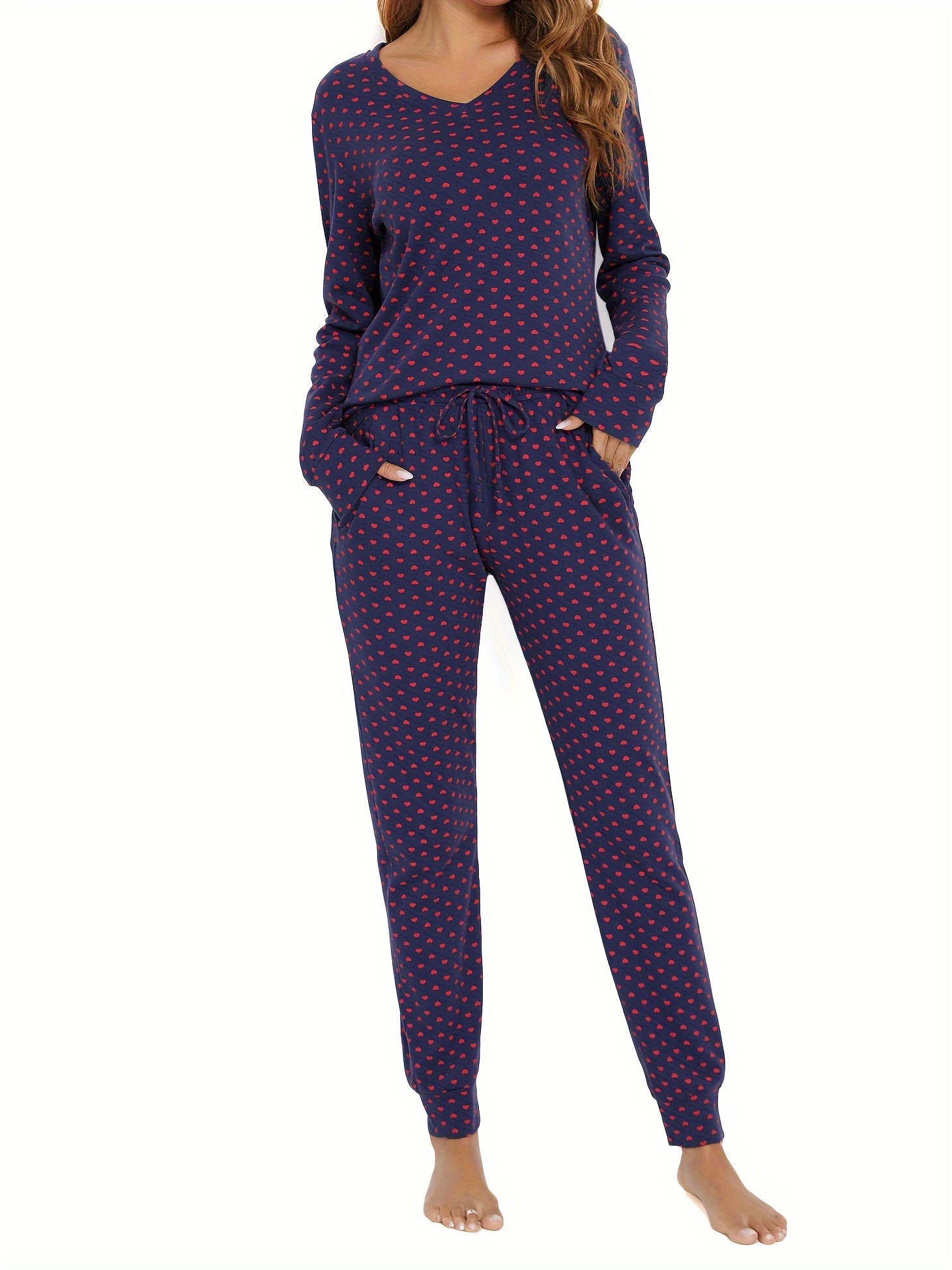Heart Print Lounge Set Long Sleeve V Neck Top & Pants Women's